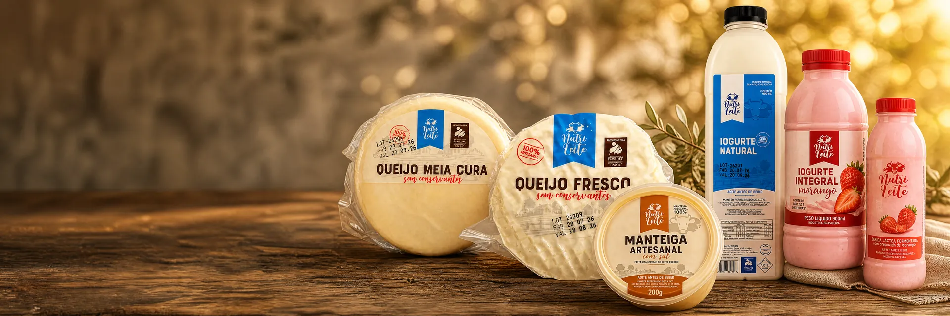 Produtos NutriLeite - queijos, manteiga, iogurtes e bebida láctea artesanais sobre mesa rústica em Sorocaba SP